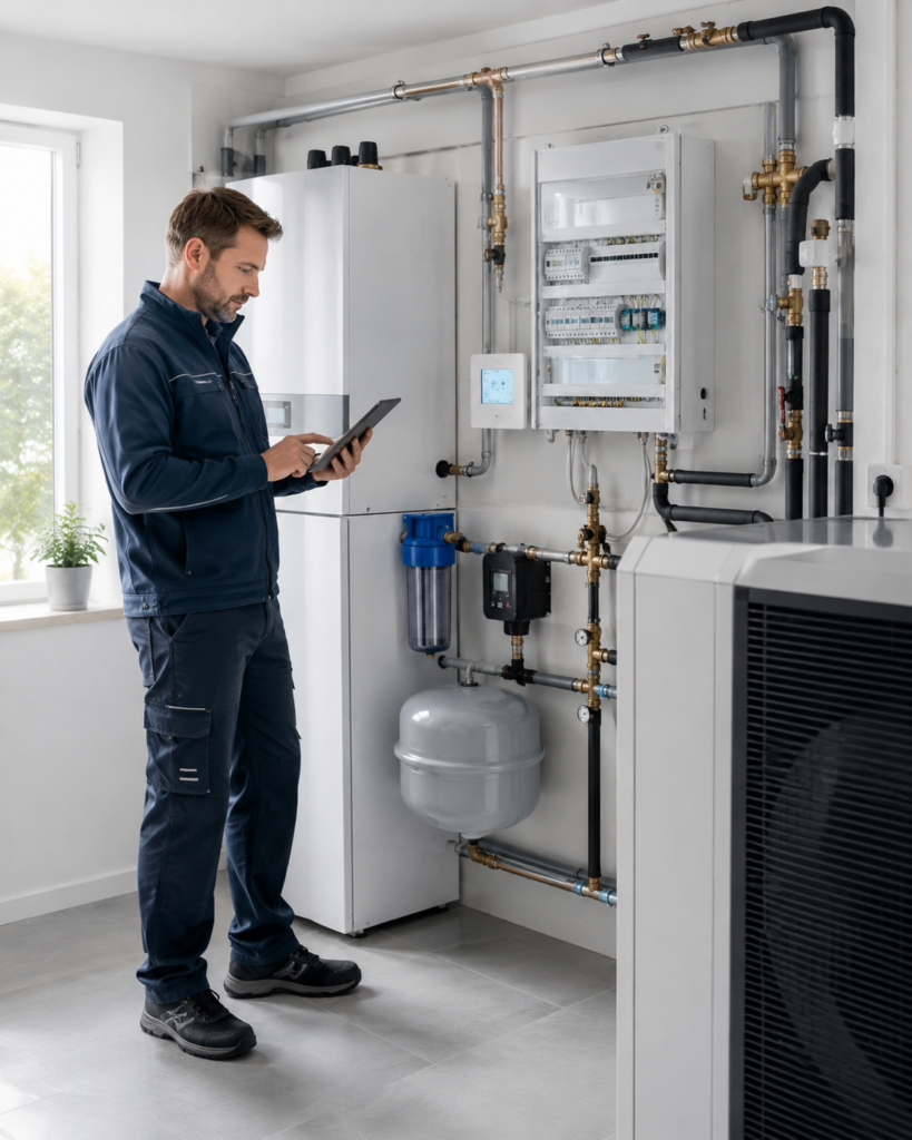 Außeneinheit einer Wärmepumpe in Hofheim, installiert durch BLK Haustechnik